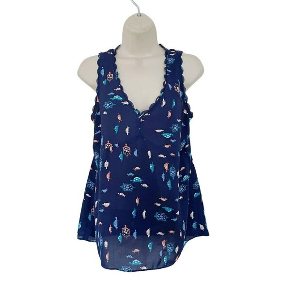 Anthropologie Maeve Turtle Terrapin Print Scalloped Trim Tank Top 2 - Picture 2 of 8